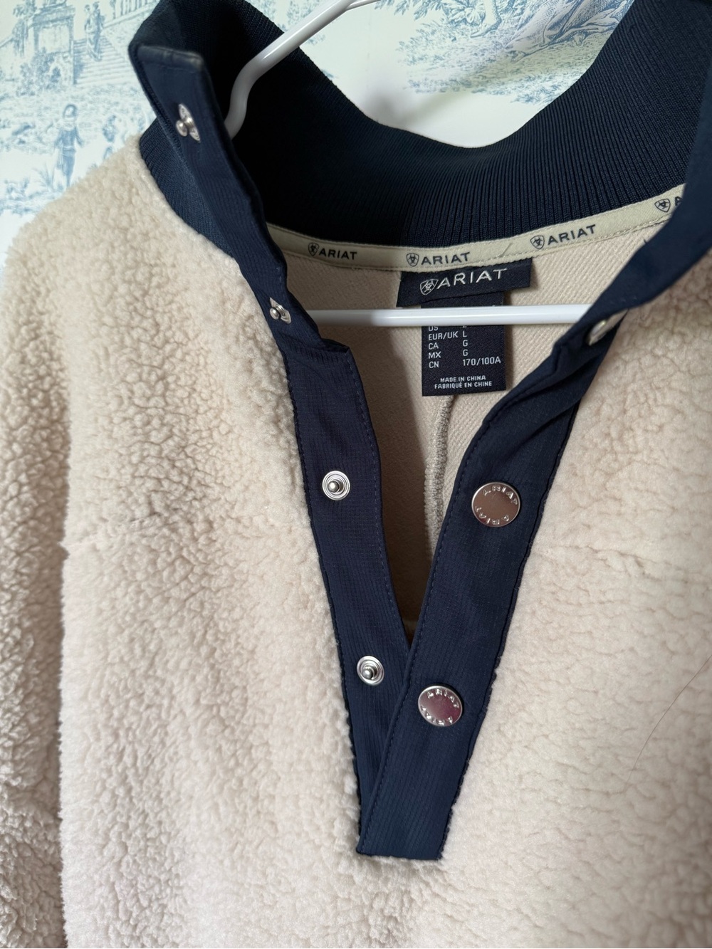 Ariat Cream Sherpa Button-Up Pullover with Navy Trim - Picture 3 of 7